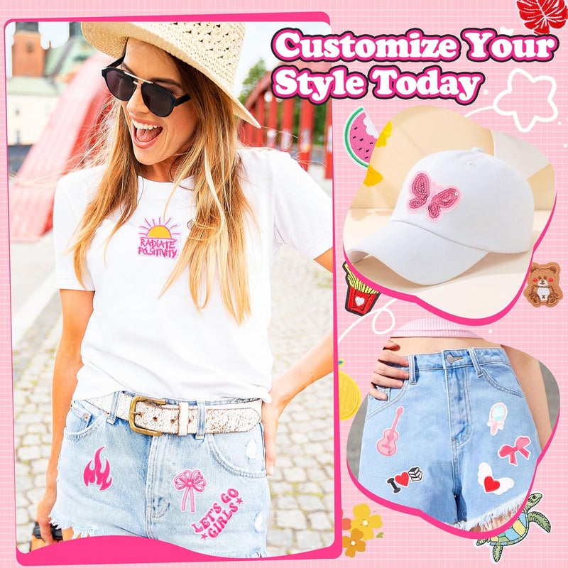 NICEVINYL Pink Iron on Patches for Girls: 60PCS Girly Random Embroidery Patches for Backpacks Clothing Hats Jackets Pants Decor - Assorted Cute Sew on Appliques for DIY Accessories - Image 5